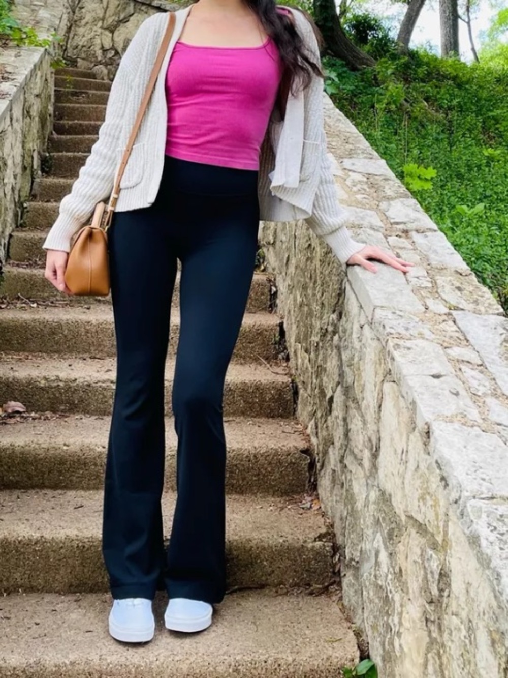 lululemon athletica Black Flared Leggings with Magenta Tank